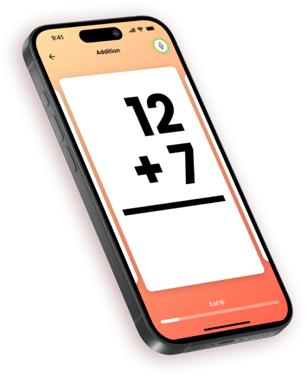 An iPhone 15 running the BabbleDeck Math app.